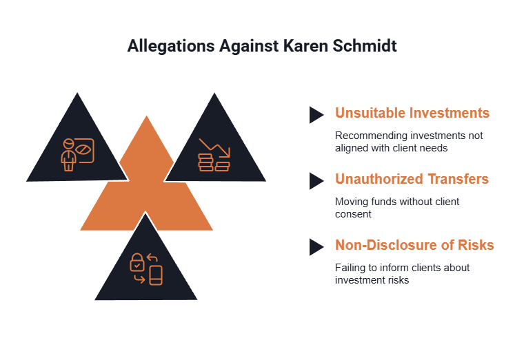 A diagram is shown of Karen Schmidt's potential broker misconduct allegations.