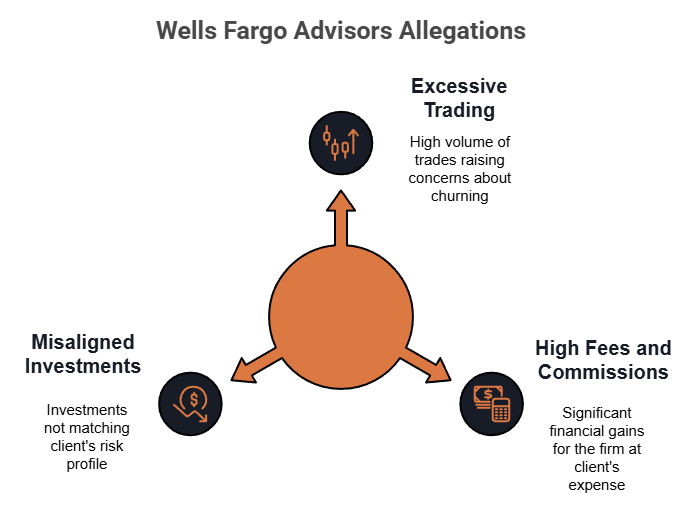 A diagram is shown containing the key details of the $3.4 million Wells Fargo Advisors settlement affecting an elderly investor.