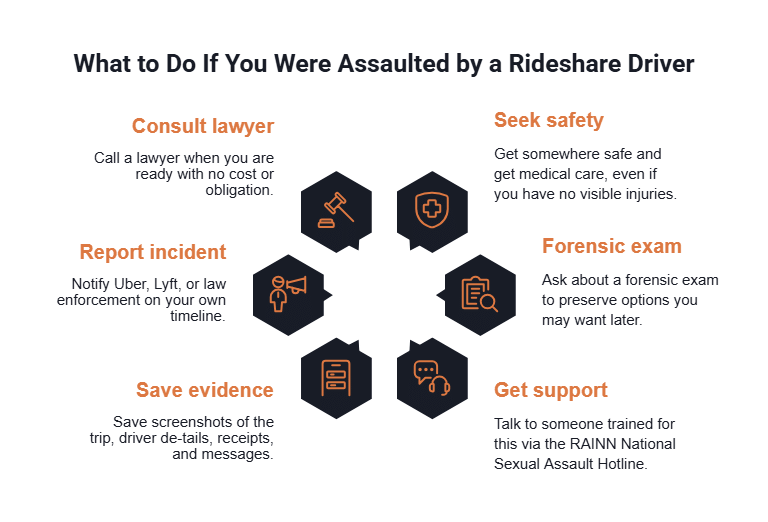 Infographic of six steps after a rideshare assault: seek safety, get a forensic exam, get support, save evidence, report the incident, and consult a lawyer